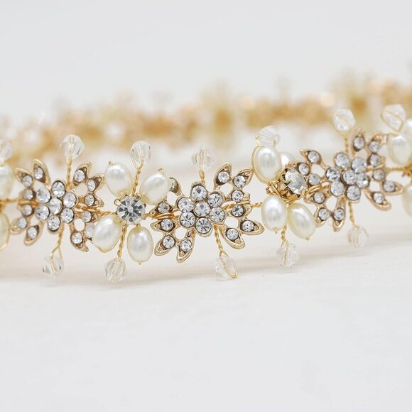 Bridal Headpiece Flower Design Gold Hair Accessory Wedding Headband main image 4